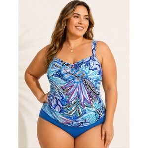 Gottex NEW Womens Plus Size 22W Blue Profile Botanical Floral Tankini‎ Swim Top